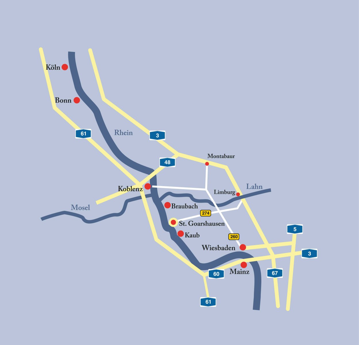 Karte Mainz-Köln mit Anfahrtsstraßen | © Stephanie Schmitz | www.g-staltungsbuero.de Karte Mainz-Köln mit Anfahrtsstraßen | © Stephanie Schmitz | www.g-staltungsbuero.de