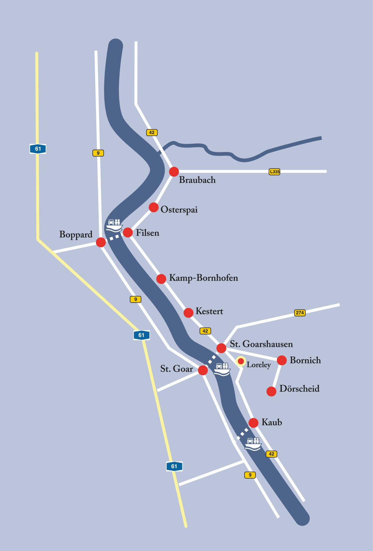 Karte Kaub-Braubach mit Anfahrtsstraßen | © Stephanie Schmitz | www.g-staltungsbuero.de