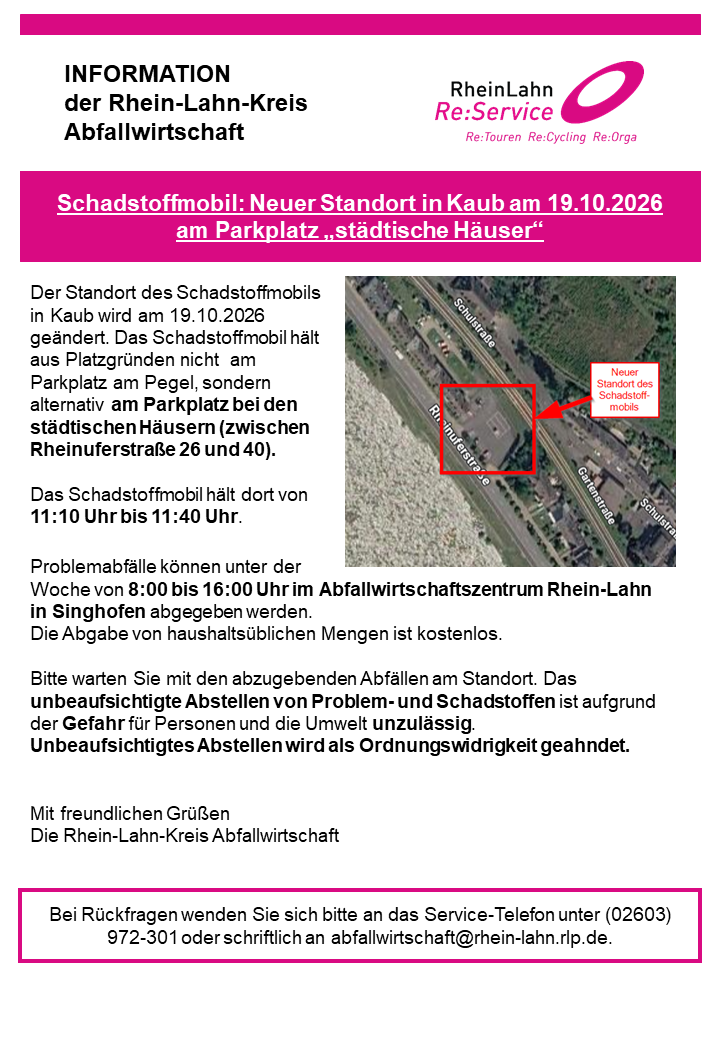 Standort des Schadstoffmobils in Kaub wird am 19.10.2026 geändert | © Kreisverwaltung des Rhein-Lahn-Kreises