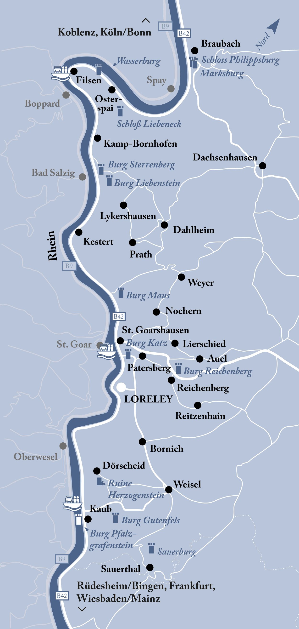Karte mit Burgen am Rhein | © Stephanie Schmitz | www.g-staltungsbuero.de