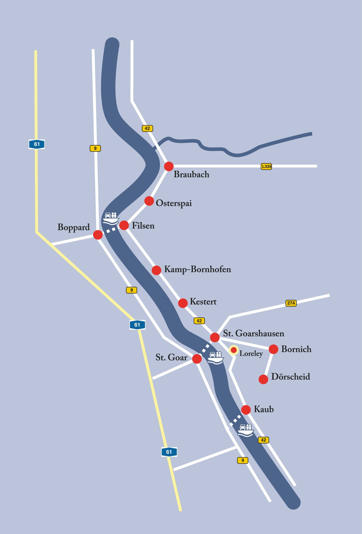 Karte Kaub-Braubach mit Anfahrtsstraßen | © Stephanie Schmitz | www.g-staltungsbuero.de Karte Kaub-Braubach mit Anfahrtsstraßen | © Stephanie Schmitz | www.g-staltungsbuero.de